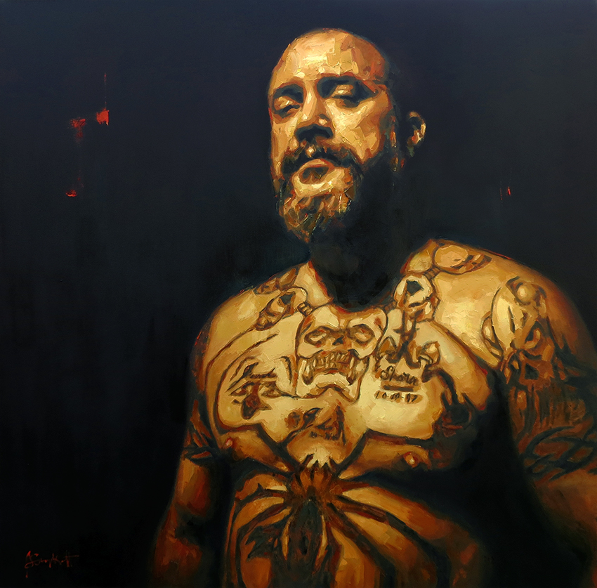 Ancestors, Painting of a nude tatooed male model, high contrast