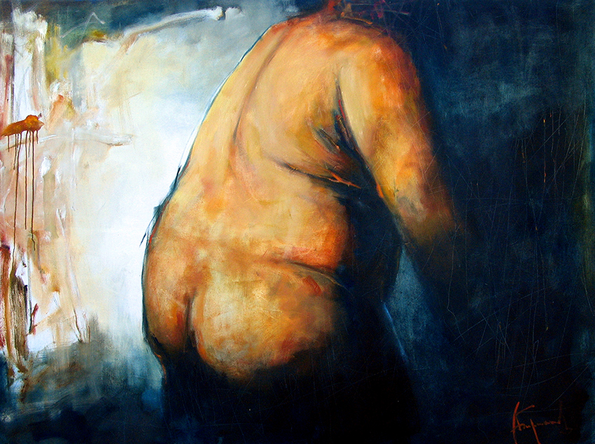 Back On The Black, Painting of a nude large male figure, back side