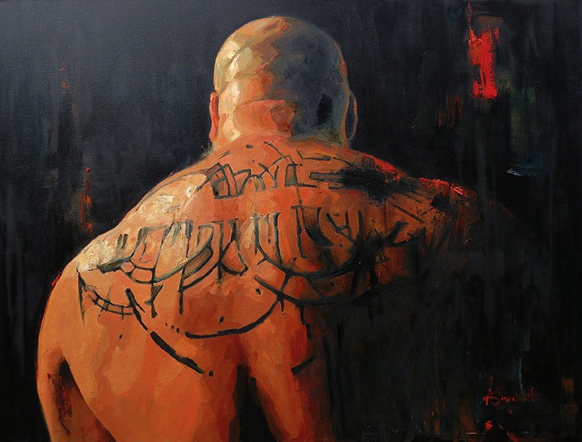We Don't Need The Key We'll Break It, Painting of a nude power lifter with a tattoed back