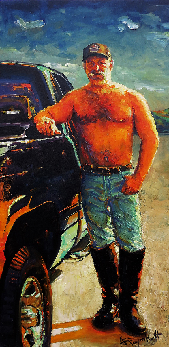 Butch, Painting of a man standing by his truck, wearing tall boots, bluecollar