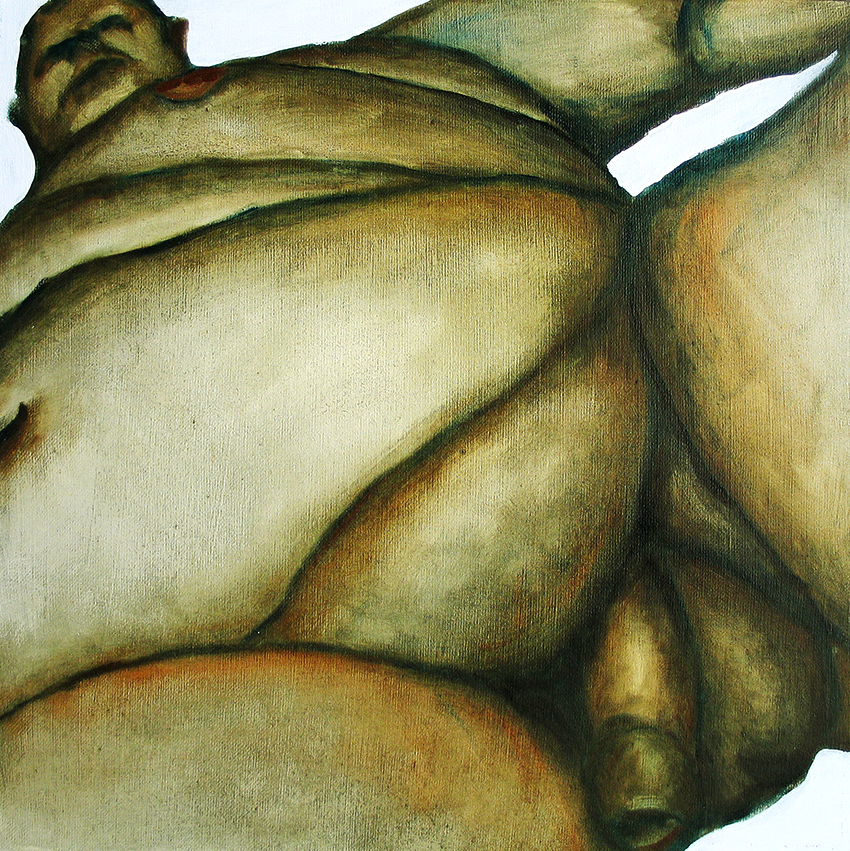 Chubby Landscape, Painting of a nude large male figure, deep perspective
