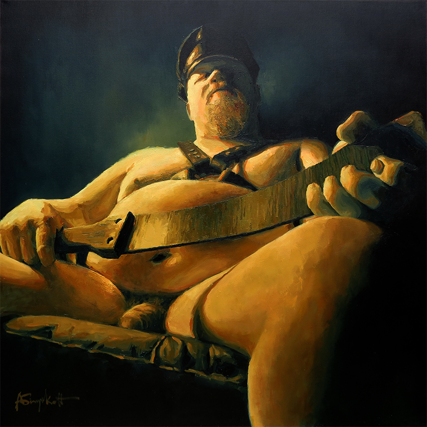 Confess You Crimes, Painting of a nude man with a leather strap and a harness