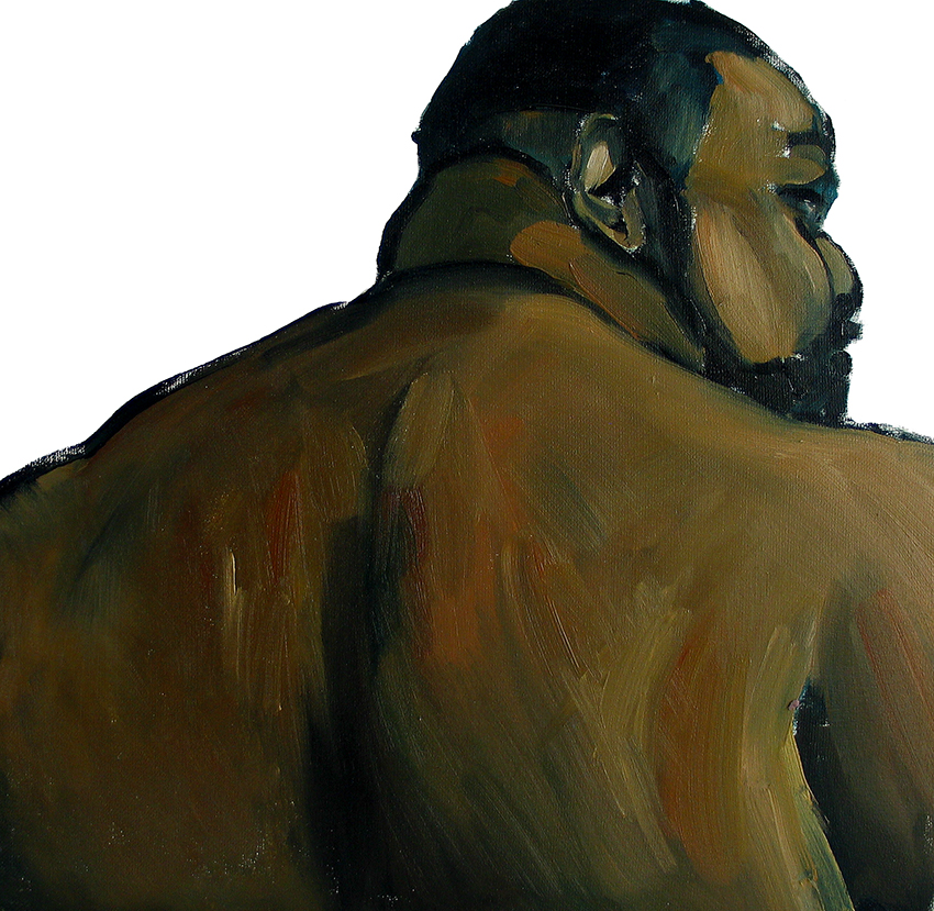 A Huge Fella, Painting of a nude large black male figure, back side