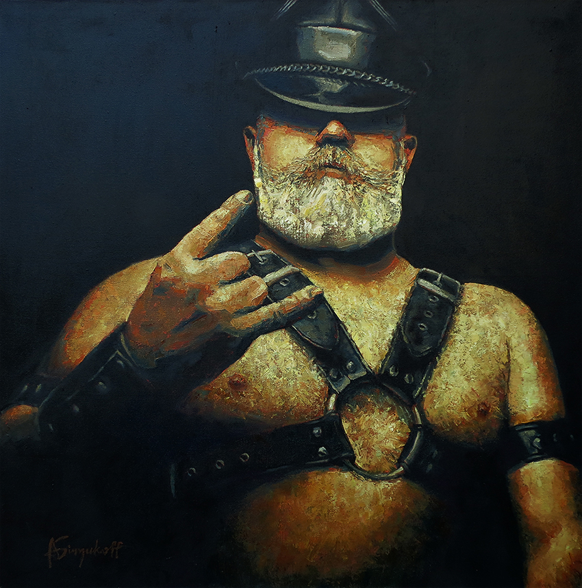 Horns and Leather, Painting of a bearded man, wearing a leather cap and a harness