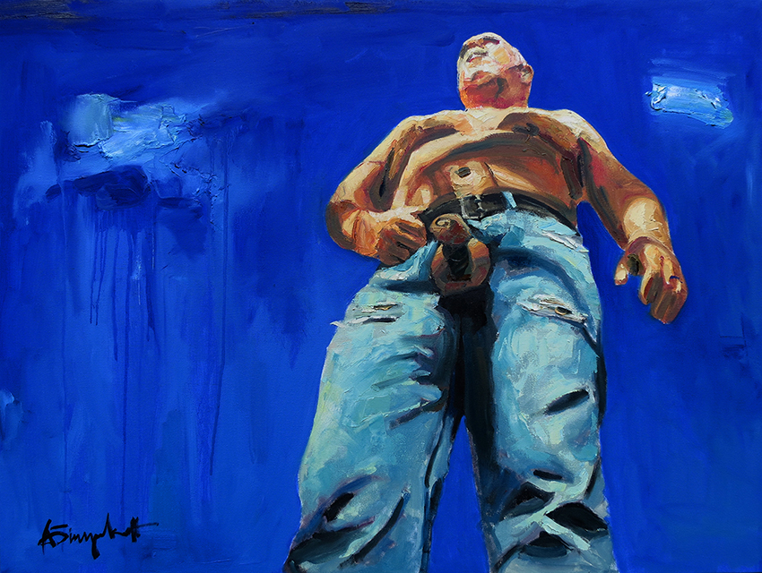 Irish View, Painting of a bare chested man with unzipped jeans
