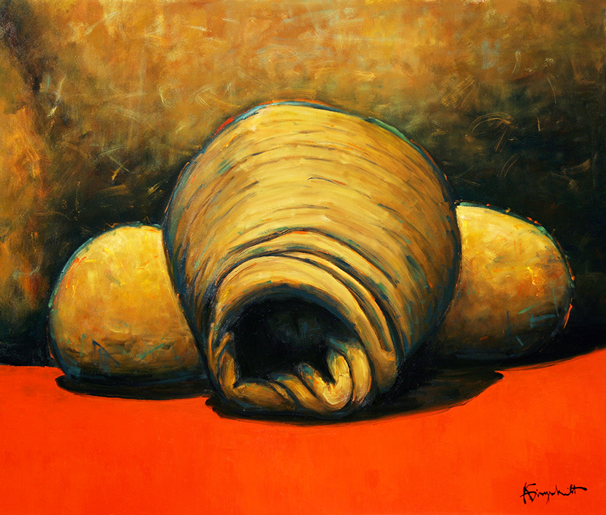 Manhood, Painting of a large foreskin, uncut penis, resting on a red surface