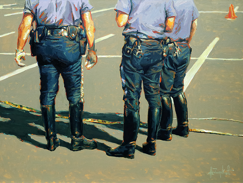 Obstacle Course, Painting of a group of policemen wearing tall boots