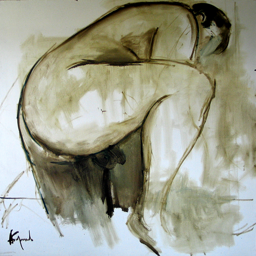 Nude #11, Painting of a nude large male figure, with a bent knee