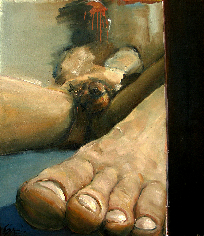 Nude #3, Painting of an nude male figure, foot close up