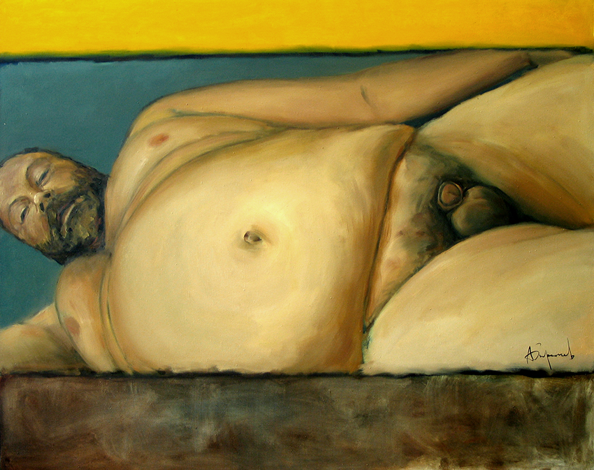 Nude #5, Painting of a nude large male figure, laying on his side