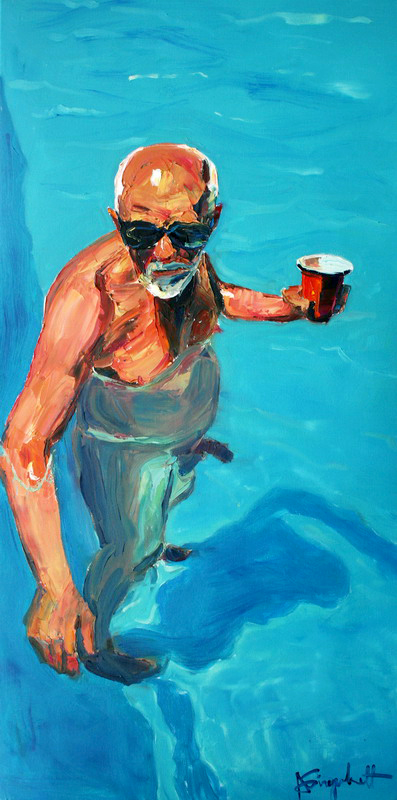 An Old Man With A Drink, Painting of an older man with a drink in a pool