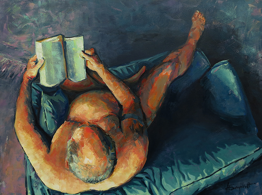 Uncle John; A Study On Blue, Painting of an older nude man reading a book, view from above