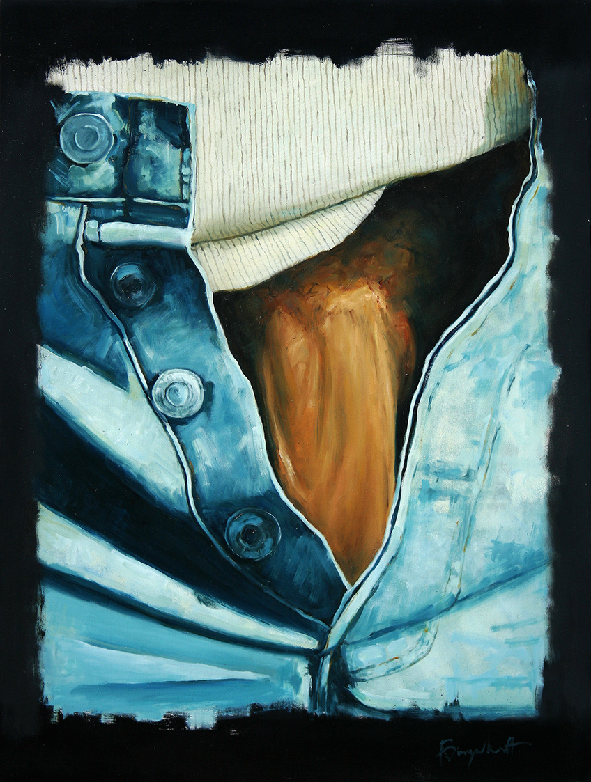 Wifebeater, Nude painting of a man with unbuttoned jeans