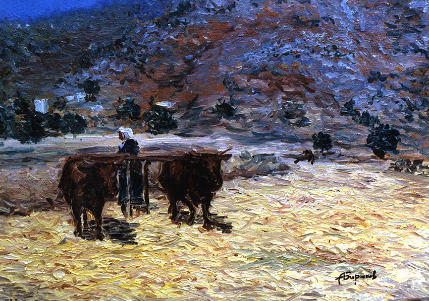 Oil painting of Bulls working in the field