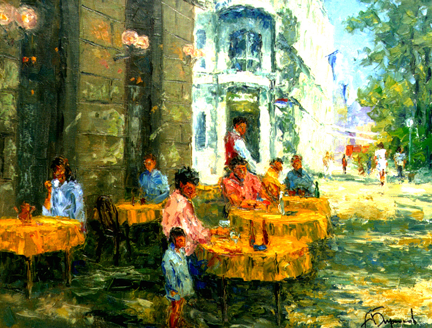 Painting of people at a summer cafe in Zurich