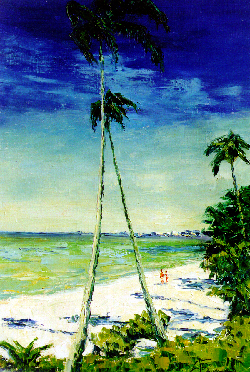 Fiji seascape, deep blue sky, ocean, palm trees, white sand beach