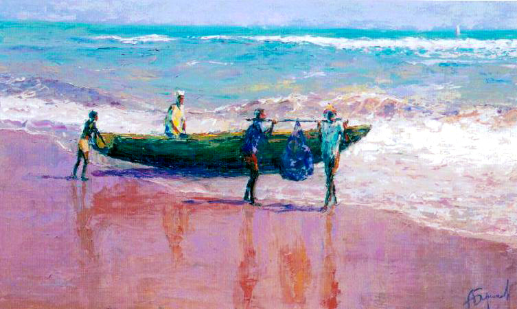 Seascpae painting, fishermen on the shore unloading their boat