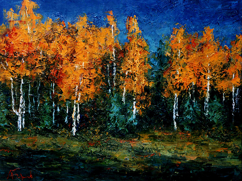 Painting of autumn yellow birch trees, woods in the fall, Siberia