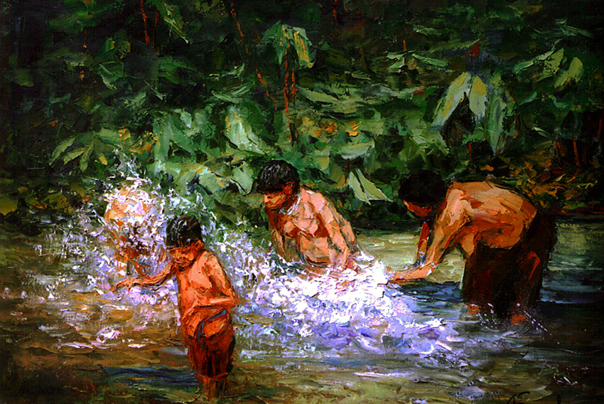 Native Amzonia people, Hoti tribe, women and children bathing in the jungle river, Brazil