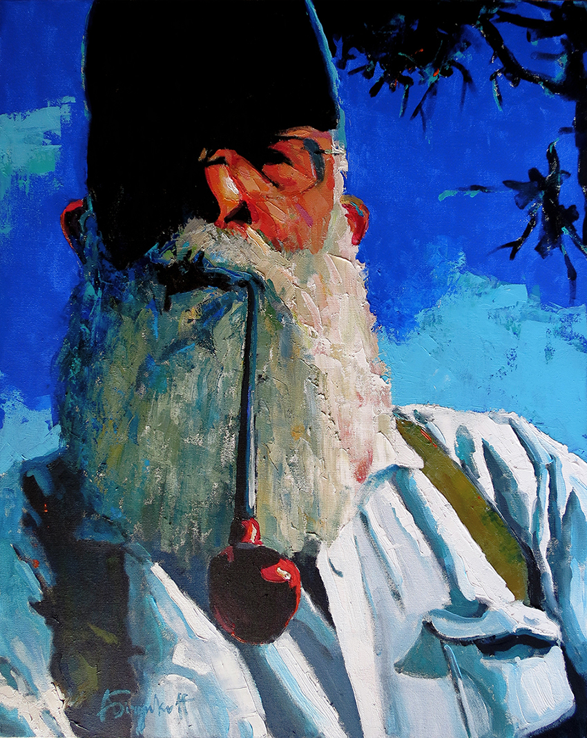 Master Book Binder, Portrait painting of an older man with a big beard, smoking a pipe 