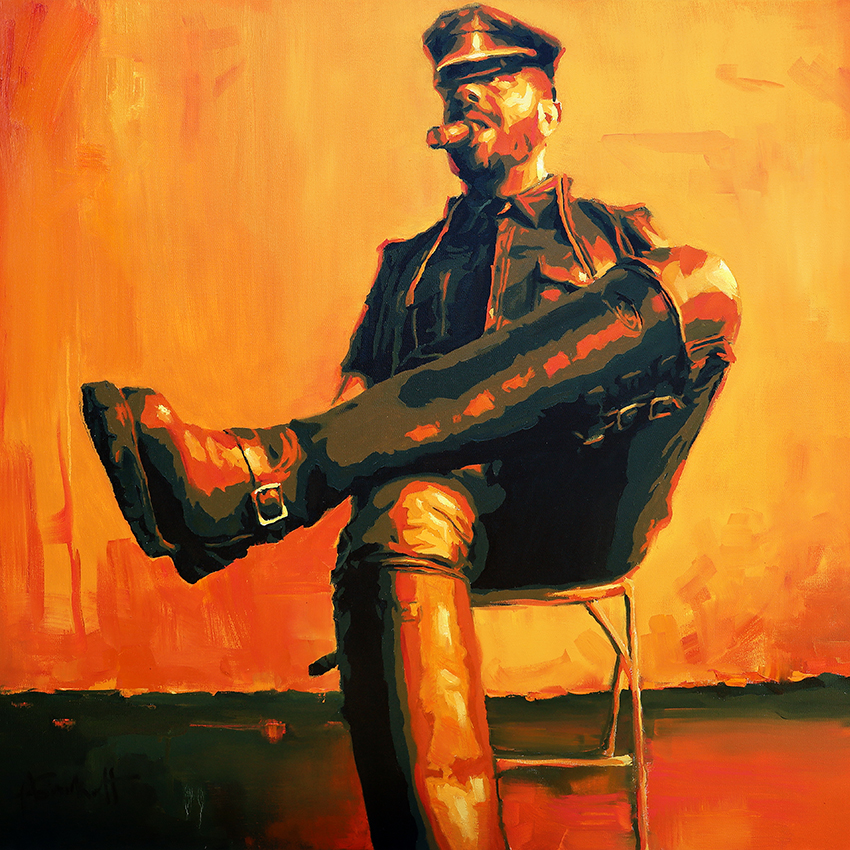 Sir Brian, portrait painting of a seated leatherman smoking a cigar