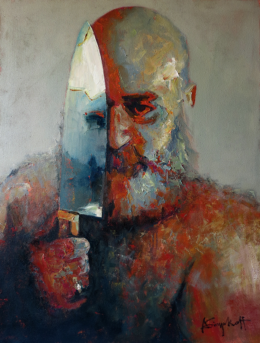 Dear Clarice..., portrait painting of a scary man with a knife