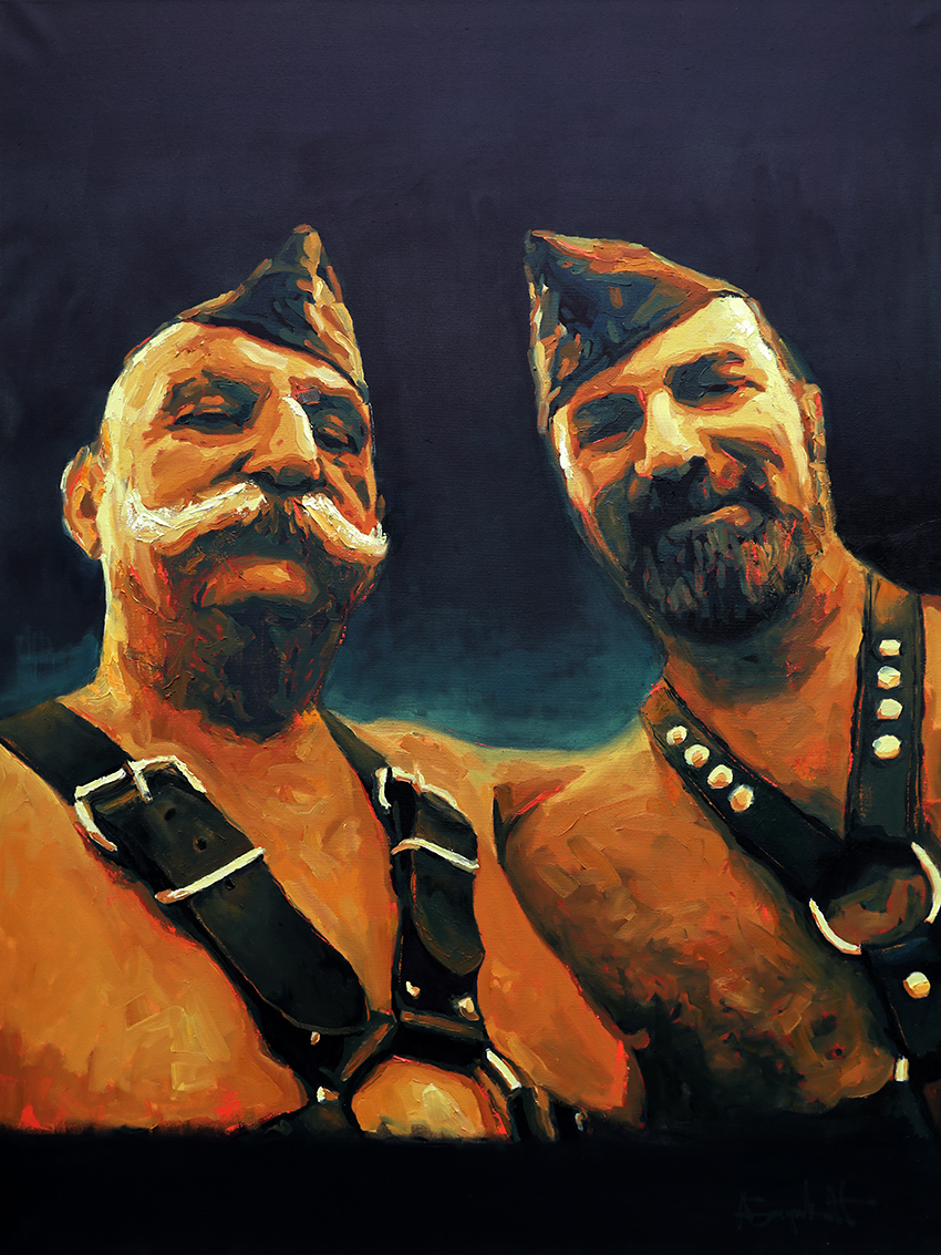 David and Claude, portrait painting of a leathermen couple wearing harneses