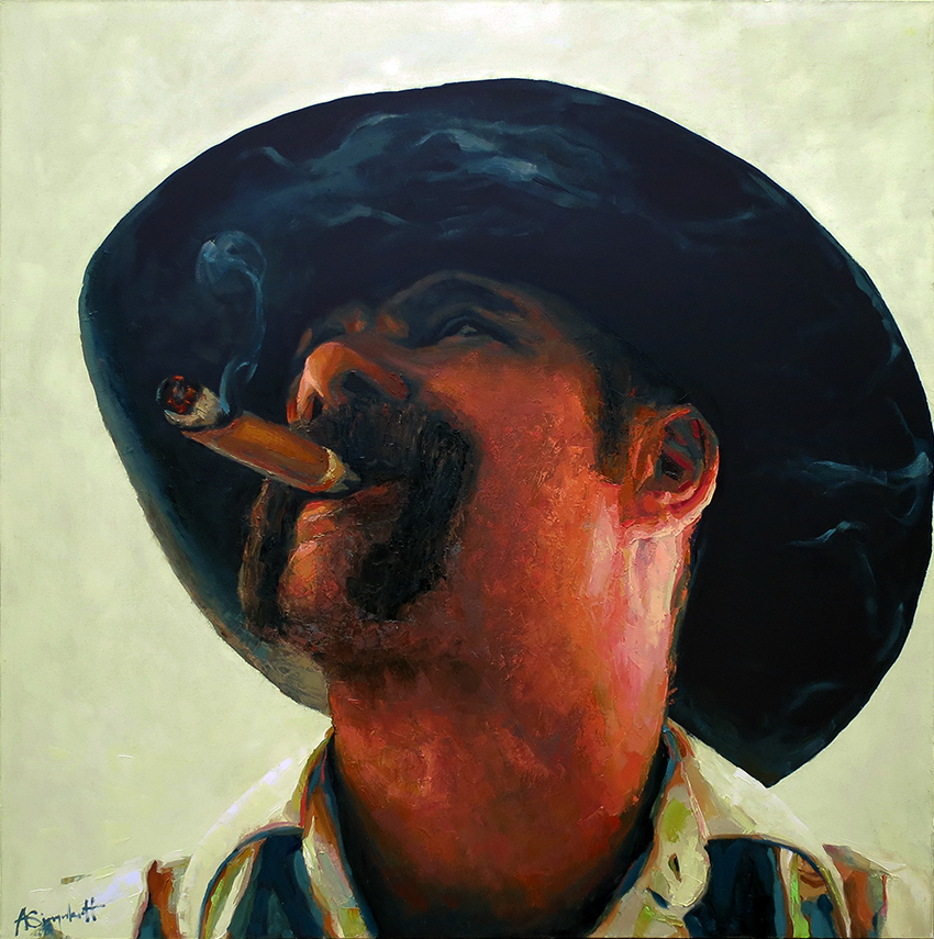 Dave, portrait painting of a cowboy smoking a cigar