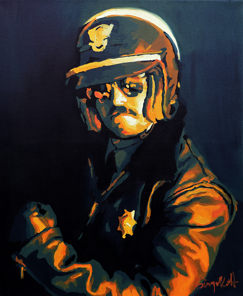 David, portrait painting of a motor cop wearing leather uniform