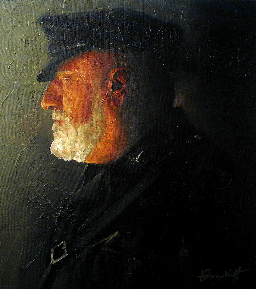 Earl Gray, Painting of an older bearded man, wearing leather uniform