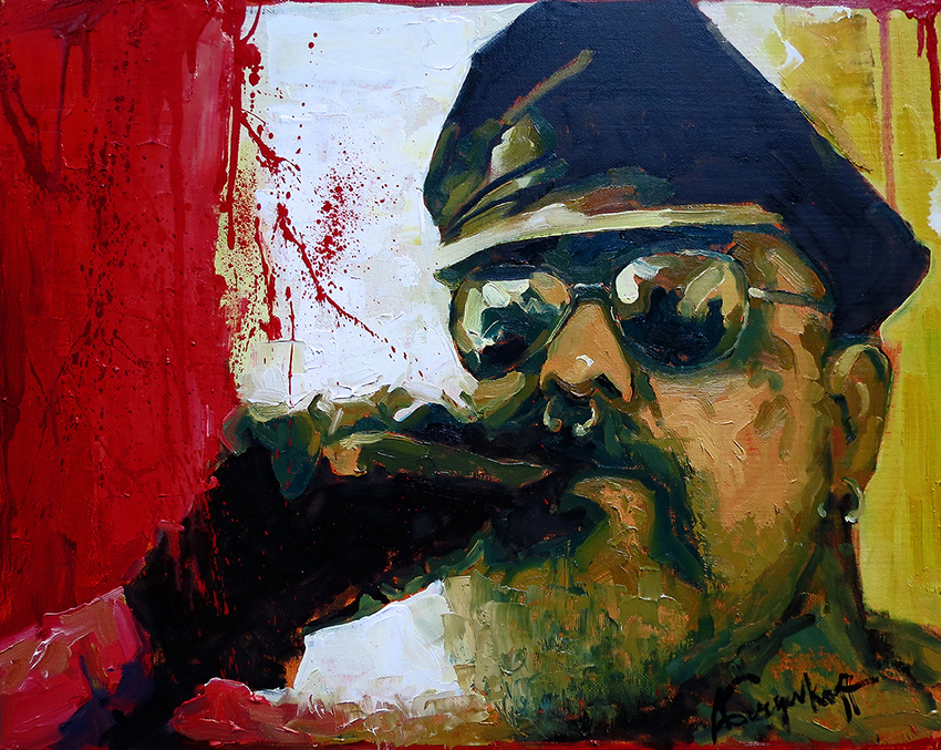 Gloved Boss, portrait painting of a cigar smoking leatherman