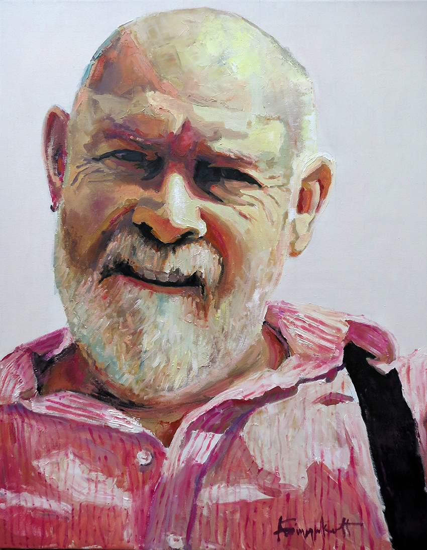 Honey Bear, portrait painting of an older man wearing pink shirt