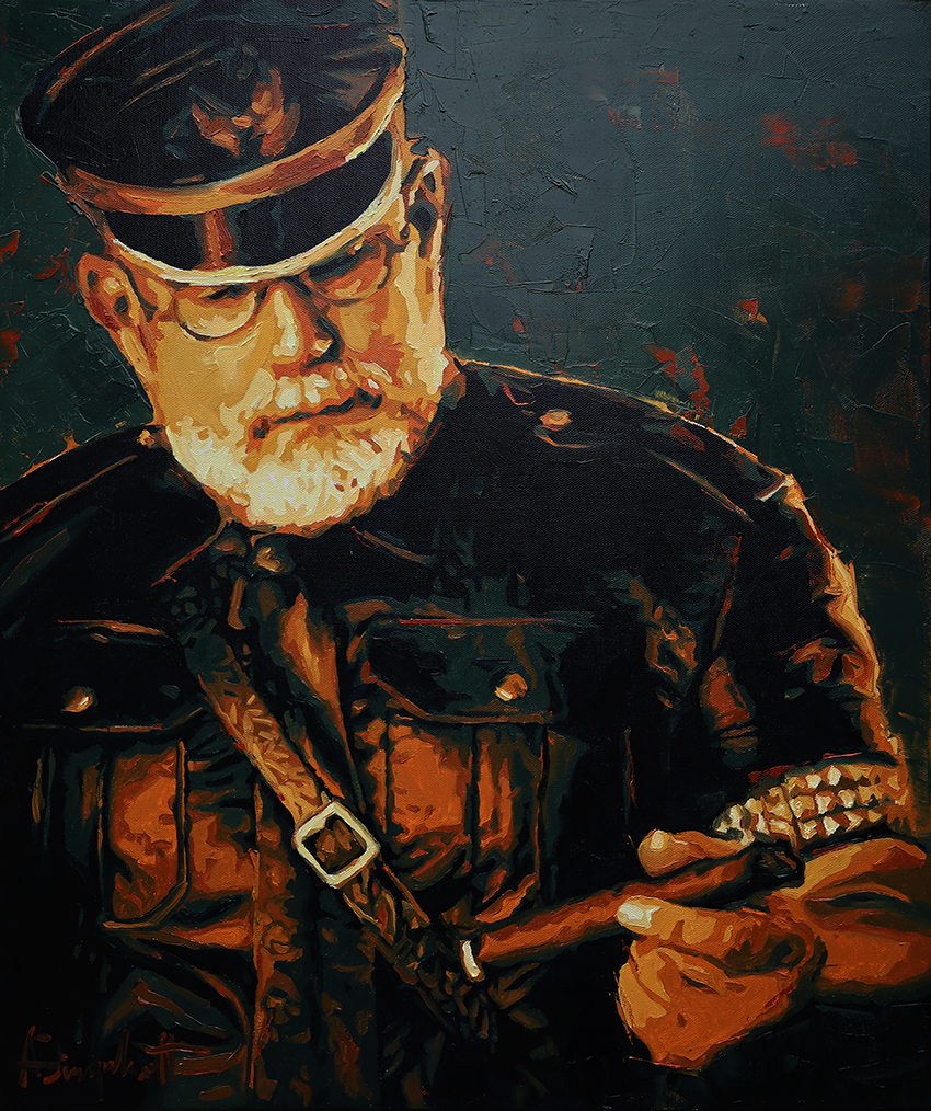 Master Doc, Portrait painting of a leatherman with a cigar