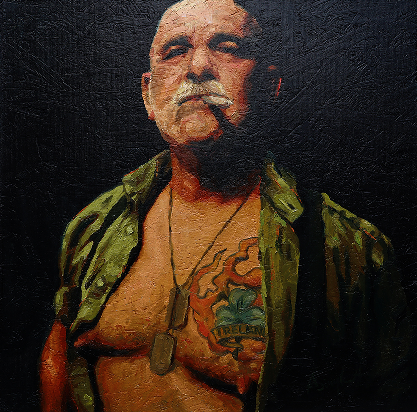 Paddy, Portrait painting of an older irish man, smoking a cigarette