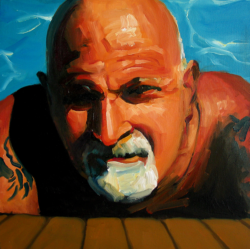 At The Pool #1, portrait painting of an older man with a goatee