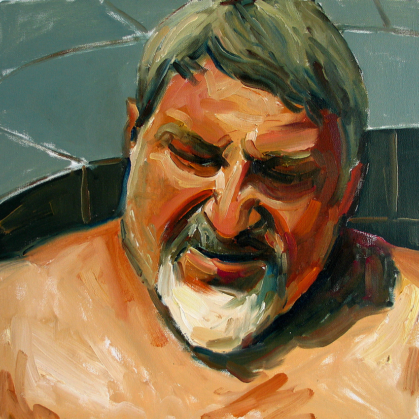 At The Pool #2, portrait painting of an older man with a goatee