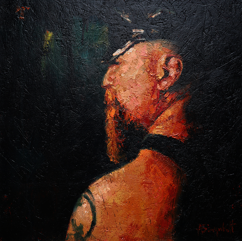 Red Beard, portrait painting of a leatherman with a red beard