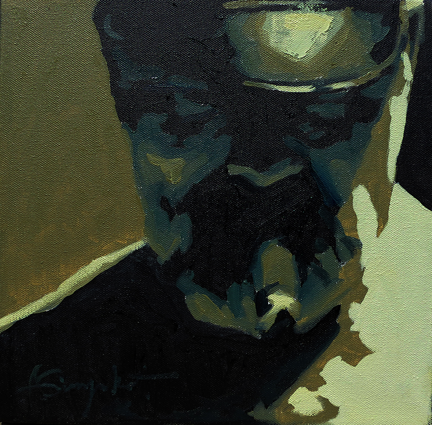 Smoker #5,Portrait paintg of a leatherman smoking a cigar