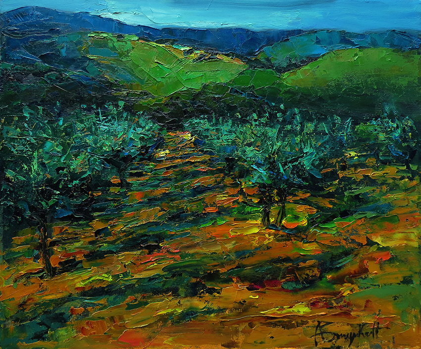 Painting of Olive Grove in Belle Vue, Carmel California, trees, hills, valley, orchard, garden