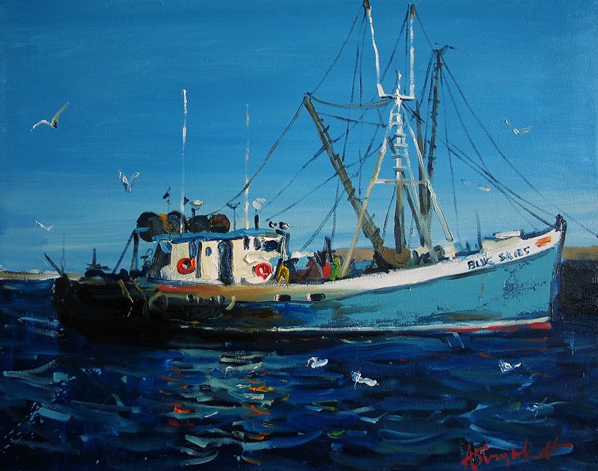 Blue Skies, Provincetown Pier, seascape painting, boats, ocean, Cape Cod