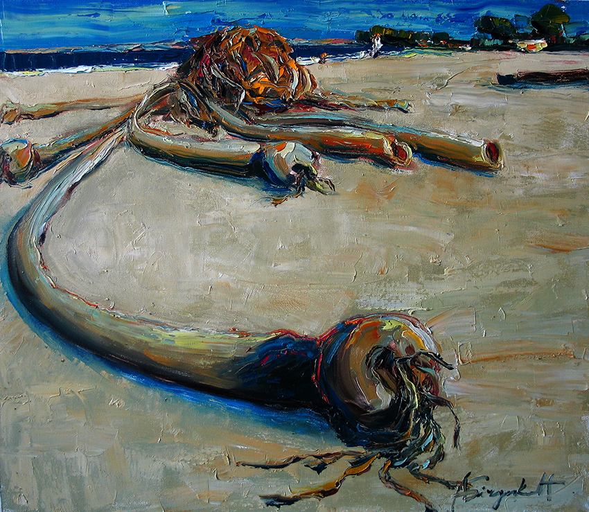 Kelp, seascape painting, Monterey California, beach, sea weed