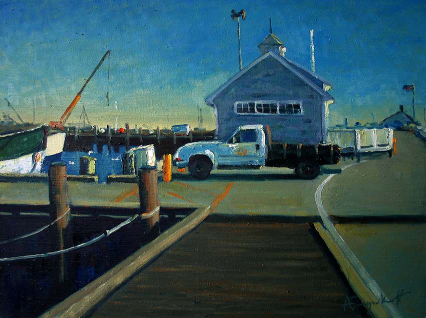 Provincetown Pier, seascape painting, boats, ocean, Cape Cod