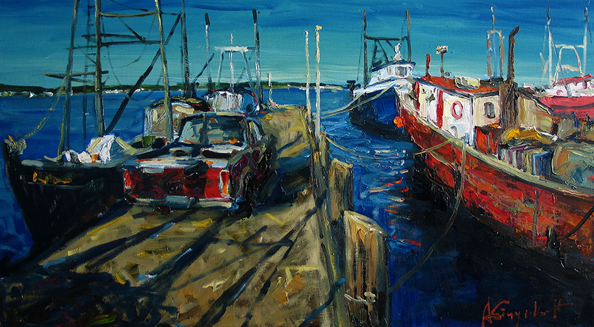 Provincetown Pier, seascape, boats, ocean, Cape Cod, trucks, oil painting