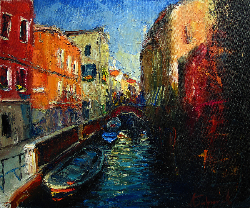 Painting of a canal in venice, boats, urbanscape