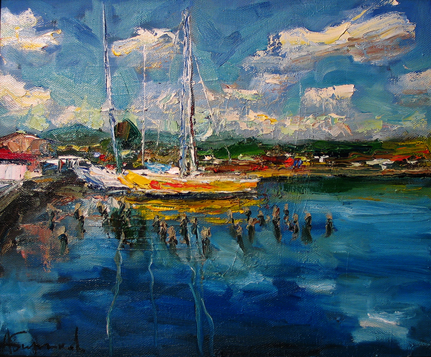 Seascape painting, Wadadli catamarans, Carribean, Antigua, boats